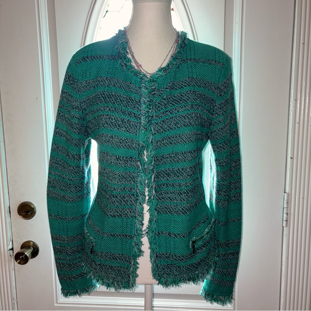NIC+ZOE cotton Green and Black Textured Cardigan with fringe
